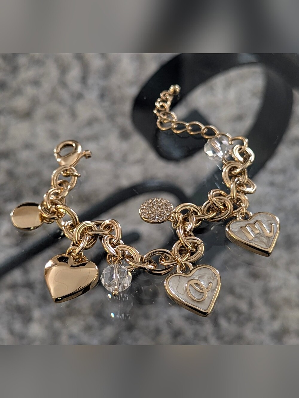 Y2K Vintage Swarovski Crystal MOM Heart Charm Bracelet Champagne Gold | NOS - Picture 8 of 8
